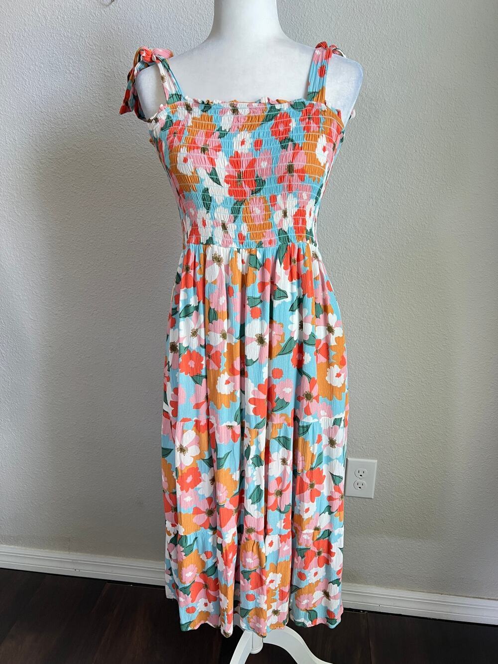 Polagram Smocked Gauze Floral Midi Sun Dress Women's Medium Shoulder Tie